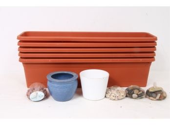 Group Of 5 Rolled Rim Window Boxes And Small Planters