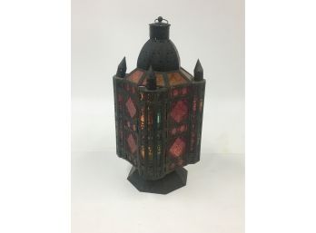 Vintage Metal & Colored Glass Moroccan Style Candle Lantern