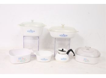 Group Of Vintage Corning Ware Blue Cornflower Casseroles & Teapot With 2 Unmarked Pieces
