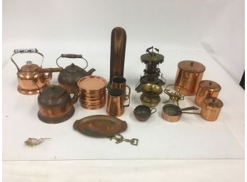 Lot Of Copper & Brass Teapots And Decorative Items