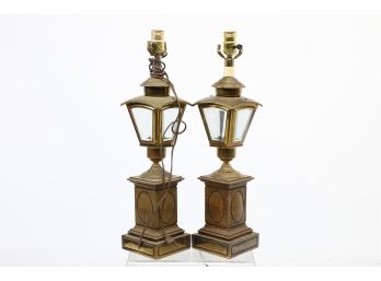 Vintage Pair Of Tall Brass Carriage Style Table Lamps