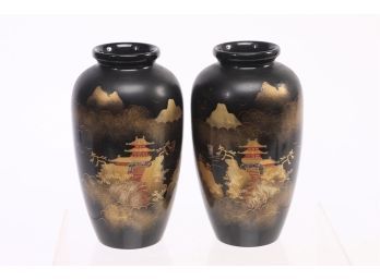 2 Early 1900's Black Lacquer Vases With Metal Inserts