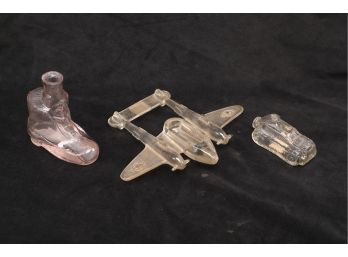 3 1900's Glass Candy Containers - WWII Airplane, WWI Tank, Puss In Boot