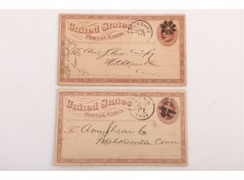 2 1870's Postcards With Cork Cancellations, 1 Waterbury