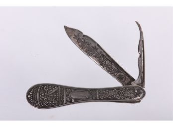 Ornate Late 1800's Silver Plate Folding Fruit Knife