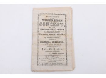 2 1800's Waterbury (CT) Concert Programs Hand Pressed Printing