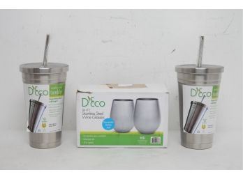 New - D'Eco Stainless Steel Wine Glasses (18oz) & 2 Stainless Steel Double Wall Insulated Tumbles W/SS Straws