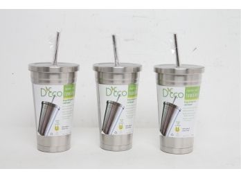 3 New D'Eco Double Wall Stainless Steel Lidded Tumblers W/stainless Steel Straws (16oz)