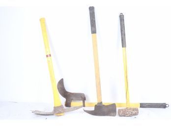 Group Of Yellow Fiberglass Handled Yard Tools Including Sledgehammer, Pick Axe, Axe And Chopper