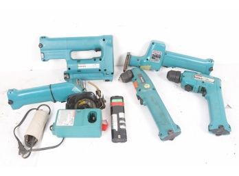 Group Of Makita 9.6 Cordless Tools Including Stapler, Reciprocating Saw, Drills And Circular Saw