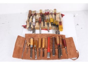 Collection Of Vintage Woodworking Chisels In Leather & Cloth Carrying Cases