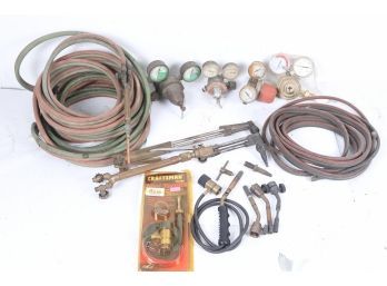 Group Of Acetylene Torches, Gauges, Hoses And Accessories