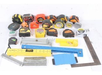 Group Of Measuring Tools Including Tape Measures, Squares Etc