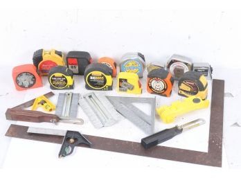 Group Of Measuring Tools Including Tape Measures, Squares Etc