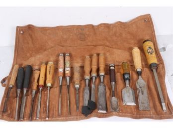 Collection Of Vintage Woodworking Chisels In Leather Carrying Case