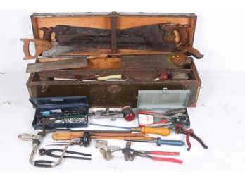 Large 32' Vintage Wood Toolbox Full Of Tools *See Pictures For What's Included*