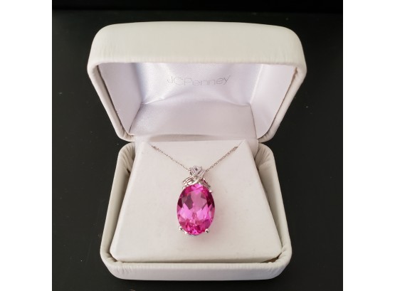 NEW Solid 10k White Gold Necklace With Large Oval Pink Sapphire CZ With Diamond Accents