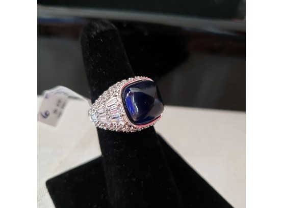 New And Fabulous Elizabeth Taylor Ring With Blue Caboshon And Lots Of Clear CZs - Size 6 1/2