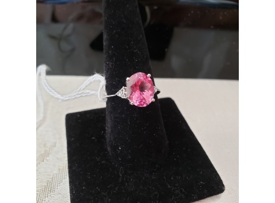 NEW Lenox Sterling Silver Ring With A Pink CZ Center Stone And Clear CZ Accents - SIze 9 1/2
