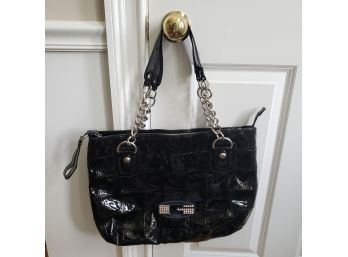 Large Black Patent Leather Tote Bag By Guess With Rhinestones