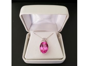 NEW Solid 10k White Gold Necklace With Large Oval Pink Sapphire CZ With Diamond Accents