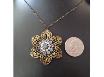 Signed Liz Palacios  Blue And Aurora Crystal Flower Necklace