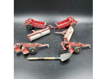 Lot Of 6 Antique Hubley Red Diecast Farm Tractor Attachments