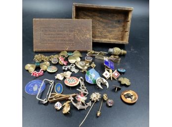 Antique Box W/ Sliding Lid Filled With Old Pins Buttons From Various Orgs