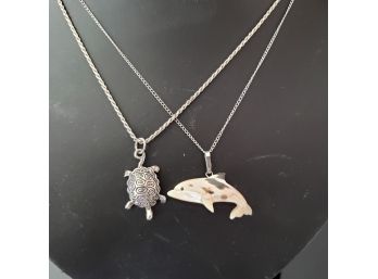 Lot Of 2 Sterling Silver Necklaces One Turtle And One Dolphin