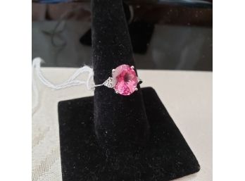 NEW Lenox Sterling Silver Ring With A Pink CZ Center Stone And Clear CZ Accents - SIze 9 1/2