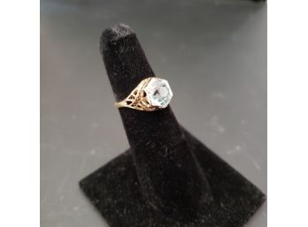 Solid 14k Filigree Ring With 9mm Hexagon Aquamarine Stone - Size 5