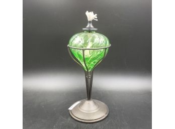 Swirled Handblown Green Glass Oil Lantern On Stand.