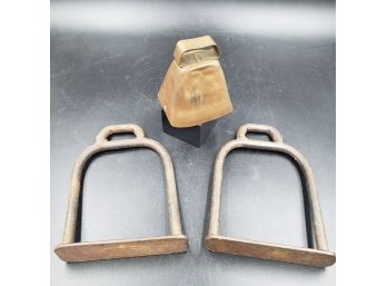 Pair Of Antique Horse Stirrups And Cow Bell