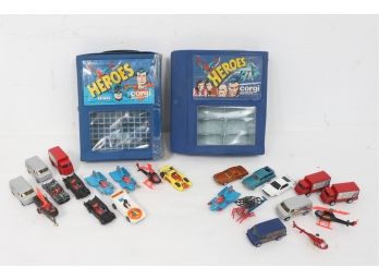 Pair Of Vintage 1970s Corgi Juniors Heroes 12 Car Carry Cases With 23 Vintage Super Hero Cars