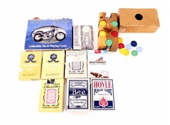 Lot Of Playing Cards Including Harley Davidson Collectible In Playing Cards And Vintage Poker Chips With Caddy