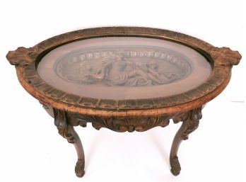 Antique Side Table With Carved Relief And Glass Top Serving Tray