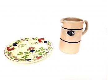 Hand Turned Marshall Pottery Pitcher And Floral Devided Dinner Plate Made In England