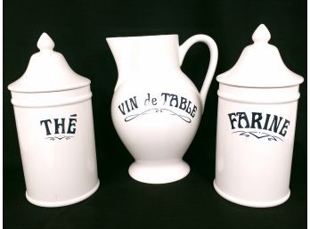 Howard Kaplan's French Country Store Ceramic Canisters And Pitcher