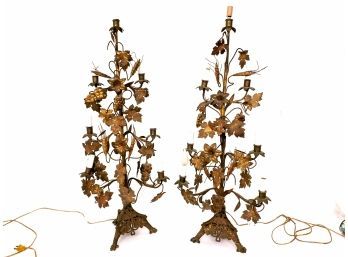 Amazing Pair Of Antique Italian Tole Lamps With Grape Bunches And Leaves,  37' Tall