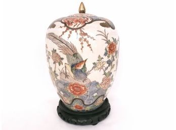 Asian Ceramic Vase With Floral And Bird Motif And Wooden Carved Stand