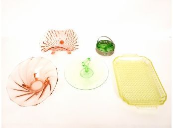 Lot Of Pink And Green Depression Glass Including Serving Trays Decorative Footed Bowls And More