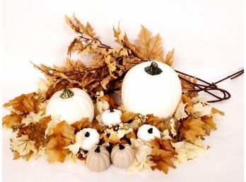 Lot Of Fall Holiday Decor Including 2 Plastic Pumpkins 5 Small Ceramic Pumpkins Leaf  Garland And More
