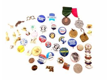 Smalls Lot Including Many Vintage Political Pins Charms And Tags