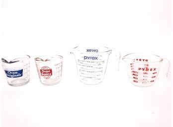 Lot Of 4 Handled Glass Cup And Metric Measuring Cups Including Pyrex And Anchor Hocking