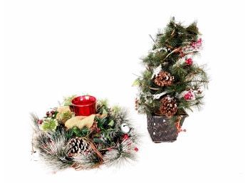 Winter Holiday Candle Center Piece And Holiday Decorated Fake Pine Tree In Pot
