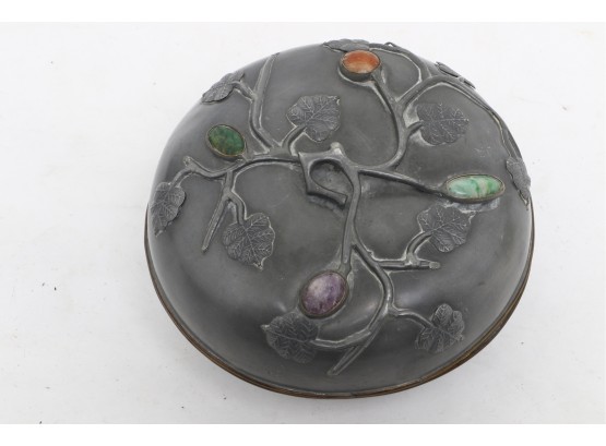 Vintage/antique Chinese Pewter Box With Semiprecious Stones -jade , Amethyst And Agate Stones