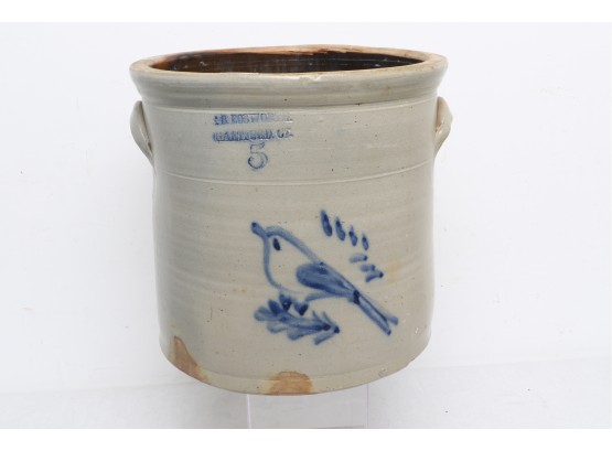 Antique 19th Century  S.b. Bosworth 5 Gallon Stoneware Crock With Blue Bird Decoration