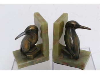 Vintage Green  Marble And Metal Birds Bookends
