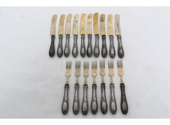 Group Of Antique Coin Silver 800 Fruit Knife And Fork Set