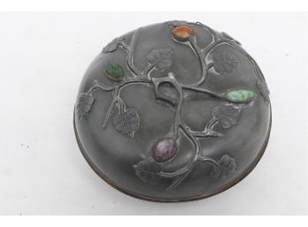 Vintage/antique Chinese Pewter Box With Semiprecious Stones -jade , Amethyst And Agate Stones